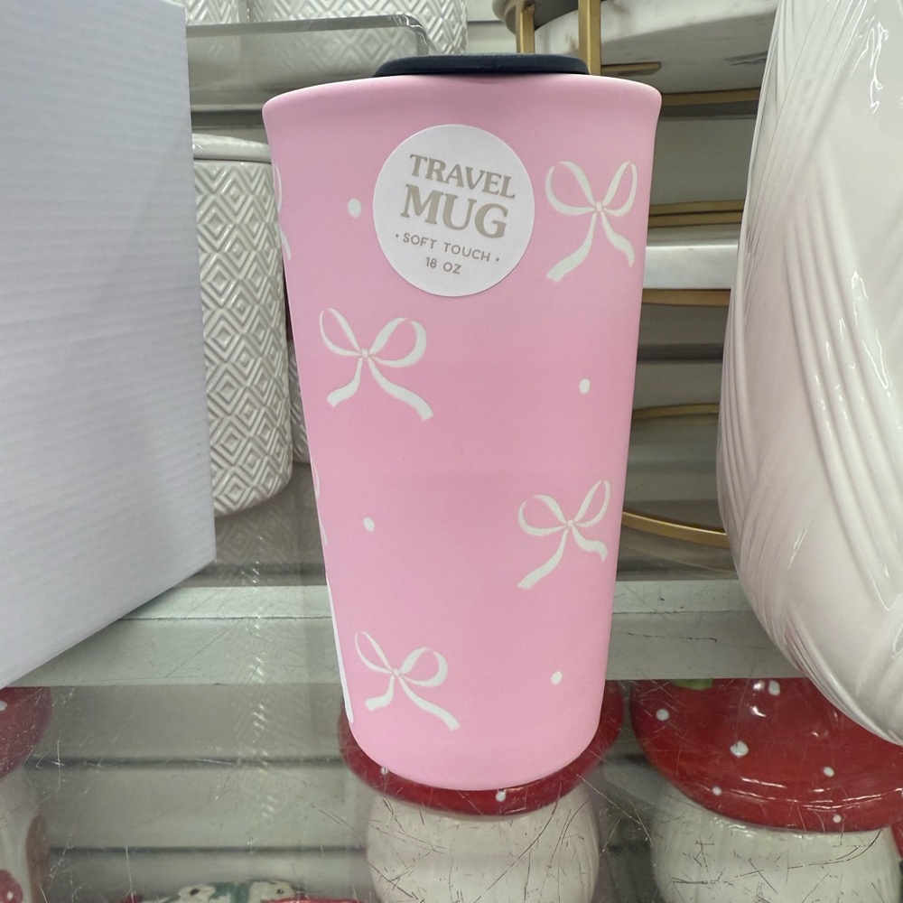 Ceramic Pink Travel Mug with White Bows NEW